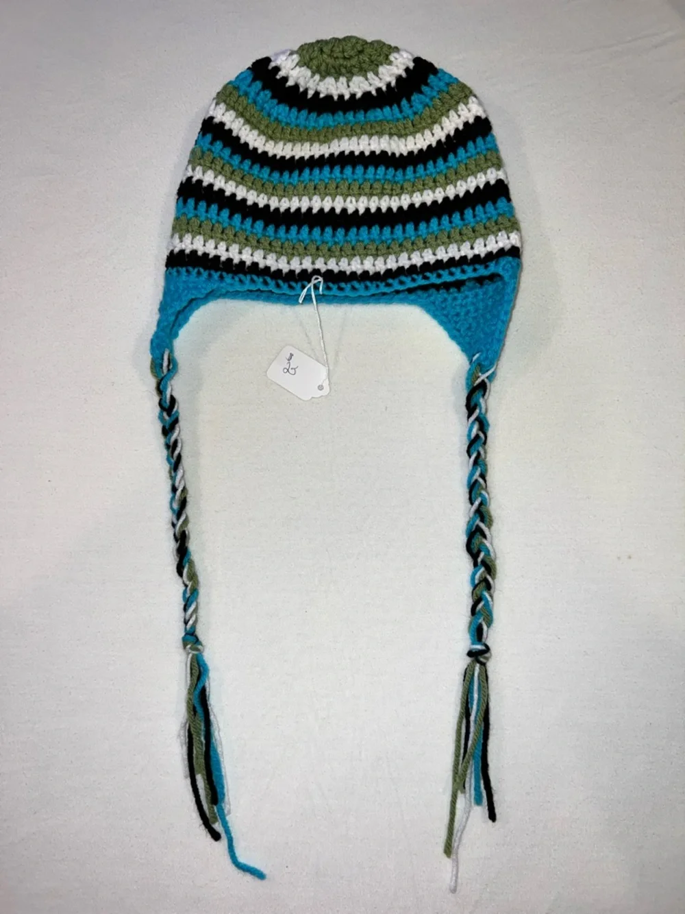 Handknit hat & scarf set (turquoise, black, green, white)‎ hiking skiing fishing